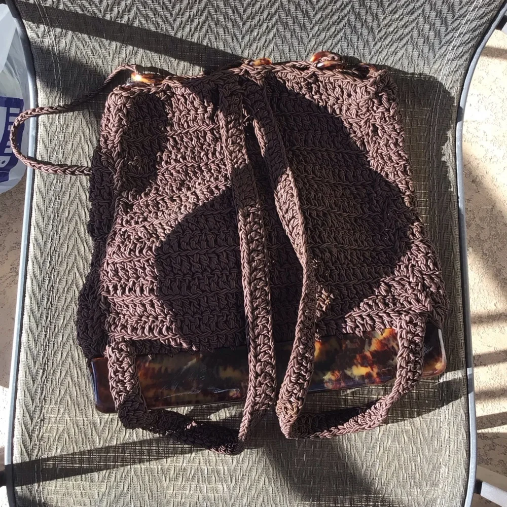 Carrie Forbes Brown Macrame Crochet Woven Tortoise Shell Backpack - Picture 3 of 12